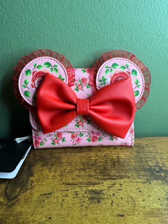 Loungefly Handbags - Loungefly Pink Floral Minnie Wallet with Red Bow Accent